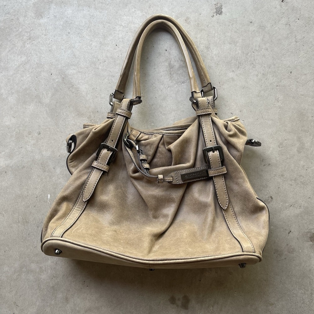 Burberry Gray Suede Belted Pleated Leather Hobo‎ Shoulder Bag